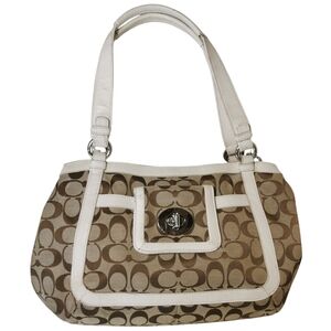 Coach Cricket Signature Jacquard Turnlock Satchel F14934 Brown Ivory Blue Int.